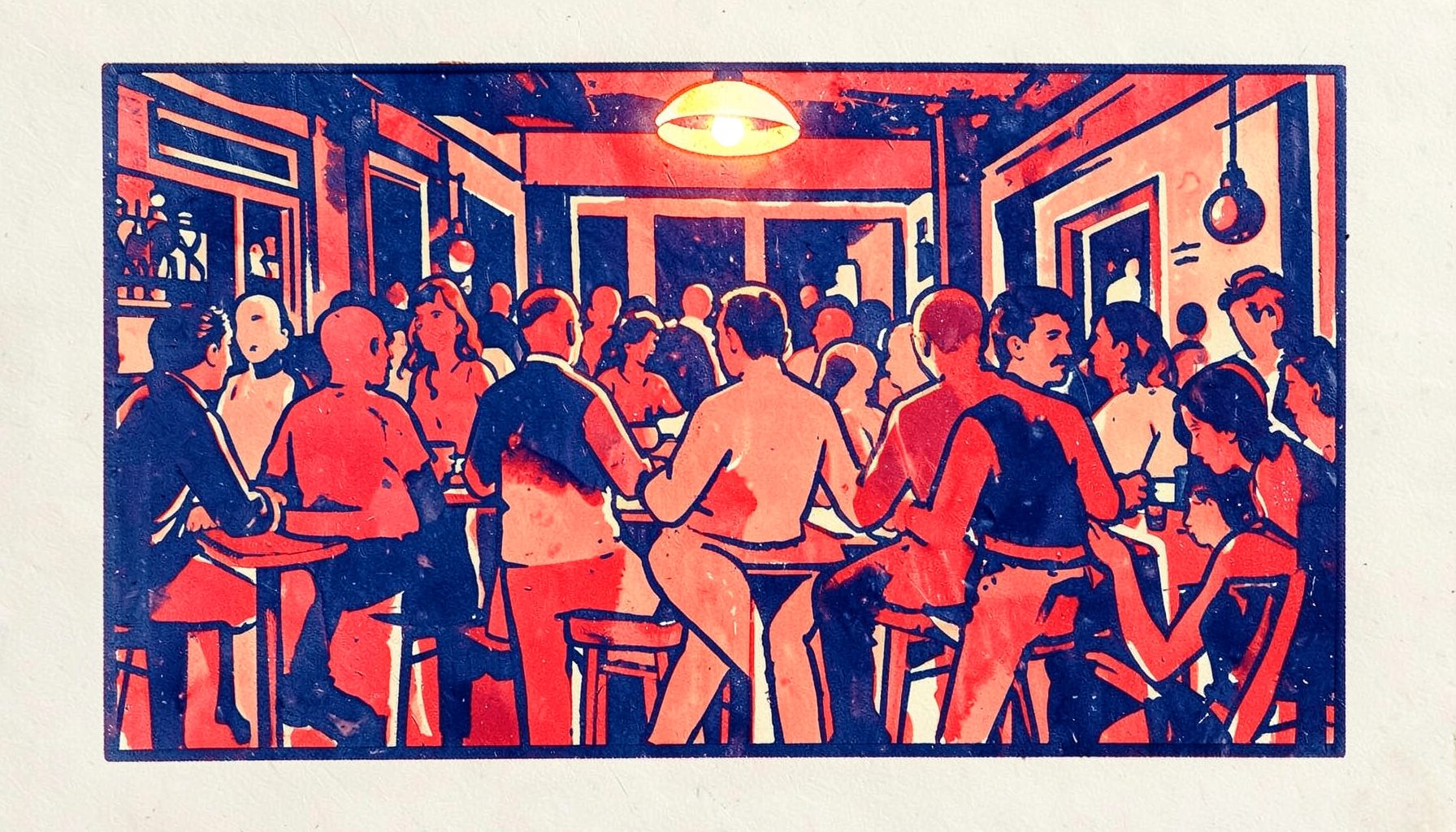 Carved linocut relief print in indigo, coral, and cream, showing the abstracted outline of a crowded café scene with overlapping figures and a single warm overhead light, conveying a lively editorial mood.