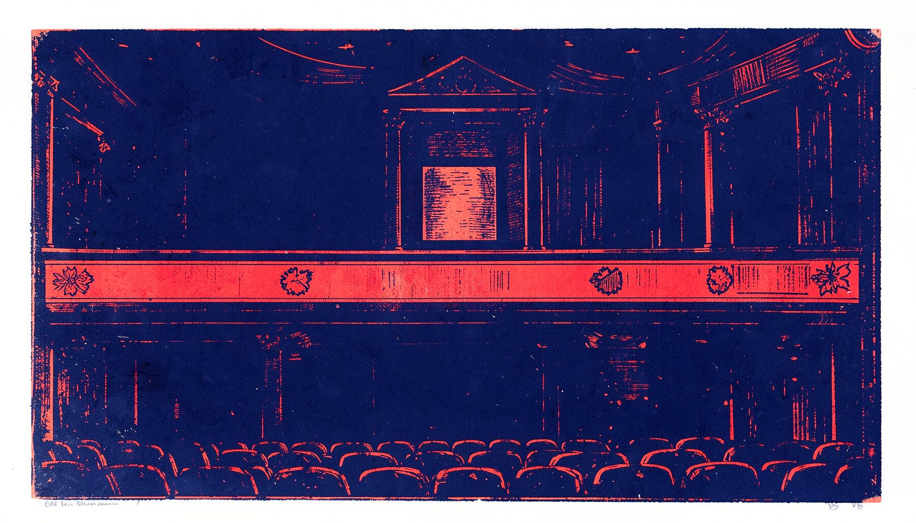 Wide carved linocut relief print in deep navy and warm coral, depicting the abstract horizontal band of a darkened theatre auditorium with a single lit balcony, giving an editorial, high-contrast backdrop.