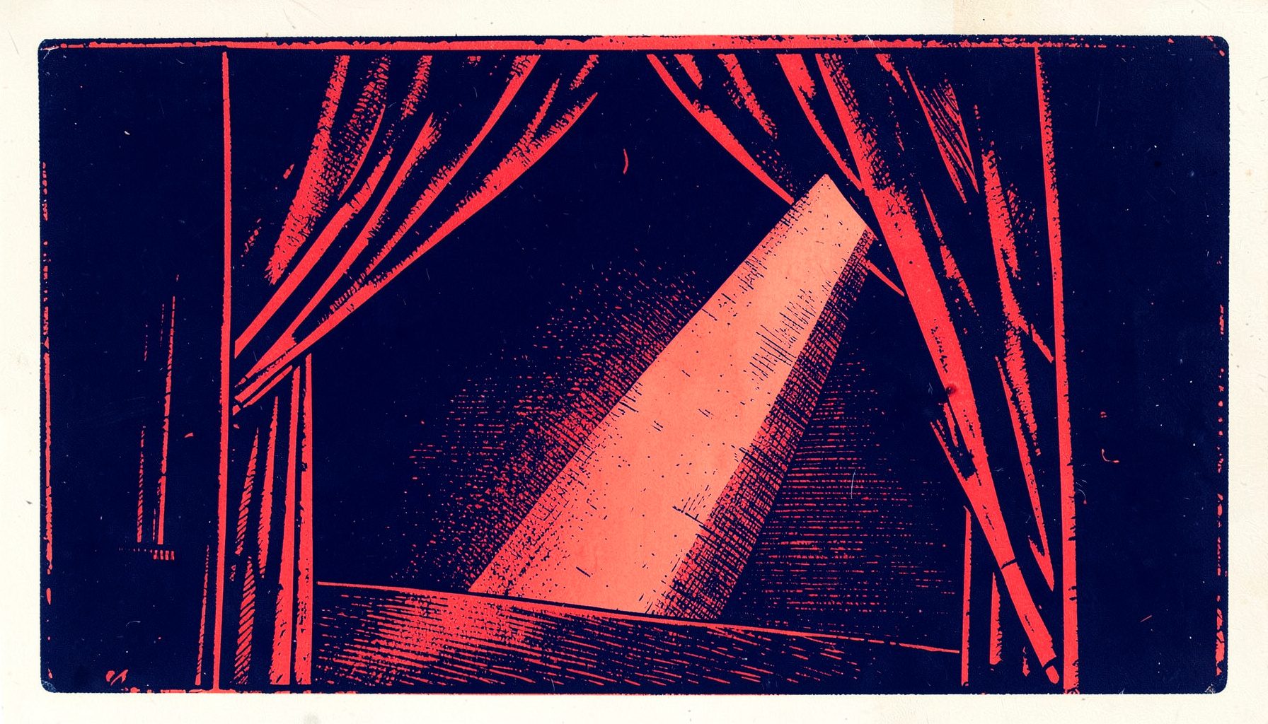 Carved linocut relief print in deep navy and warm coral tones, depicting the curved silhouette of a stage curtain with a single spotlight beam, evoking a quiet theatre interior with a moody, editorial atmosphere.