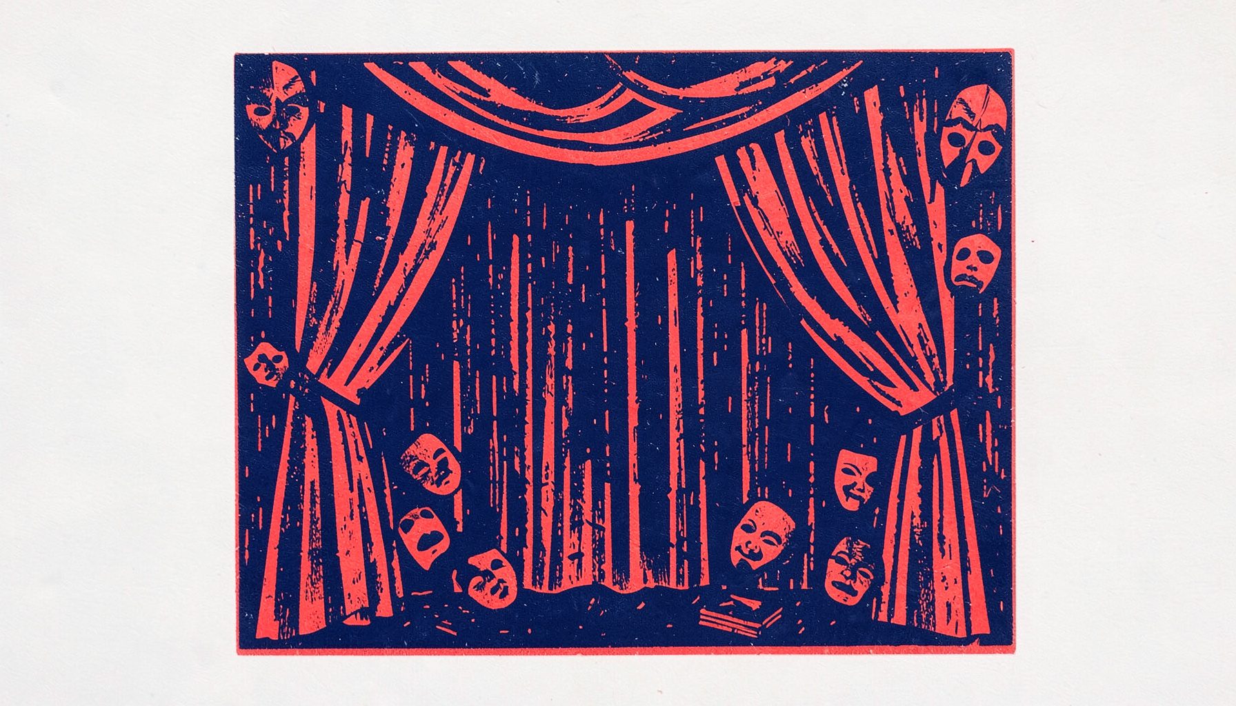A carved linocut relief print in deep navy and coral inks, showing an abstract stage curtain and scattered theatrical masks, evoking a quiet, contemplative mood.