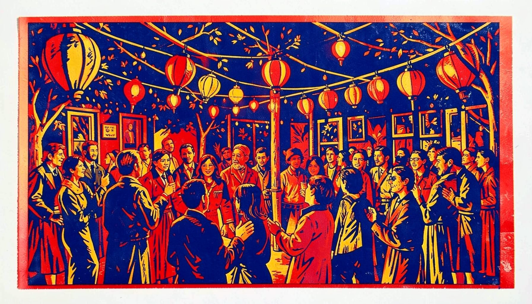 Linocut relief print of a festive outdoor gathering under strings of lanterns, carved in bold indigo and ochre tones with a warm, celebratory mood