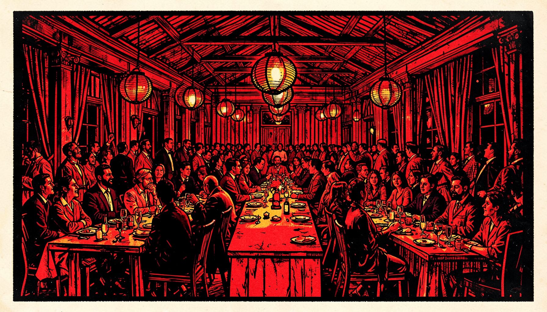 Linocut relief print of a crowded banquet hall at night, carved in bold black lines with deep red and gold tones, paper lanterns and long tables suggesting a lively but slightly garish celebration