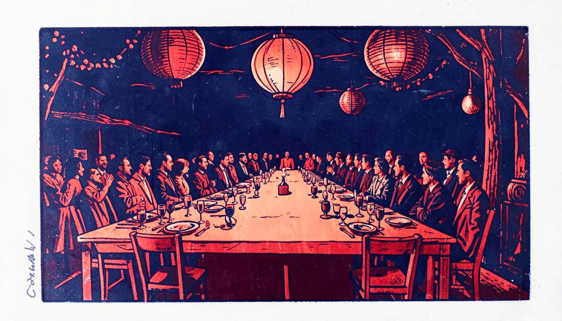 A carved linocut relief print of a long banquet table stretching toward a paper-lantern sky, in deep indigo and warm coral with deep red accents, evoking a festive evening gathering