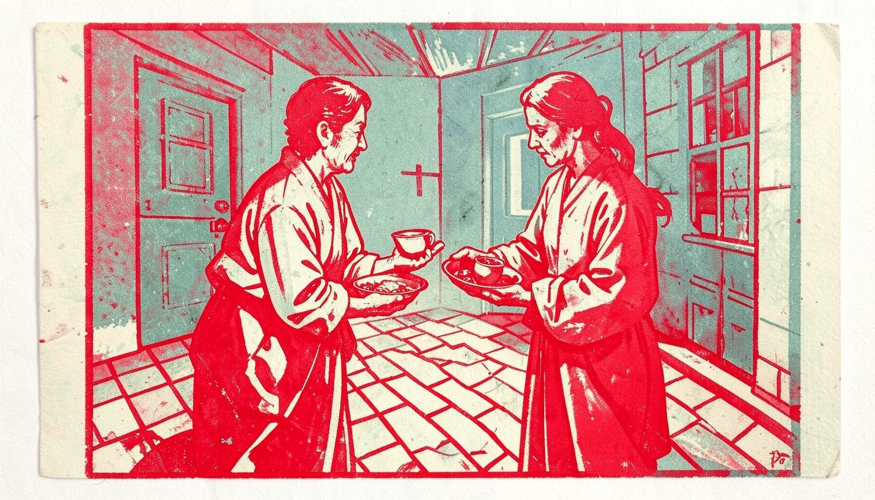 A carved linocut relief print of two figures exchanging small trays inside a tiled courtyard, in muted teal and soft cream, suggesting a quiet morning ritual