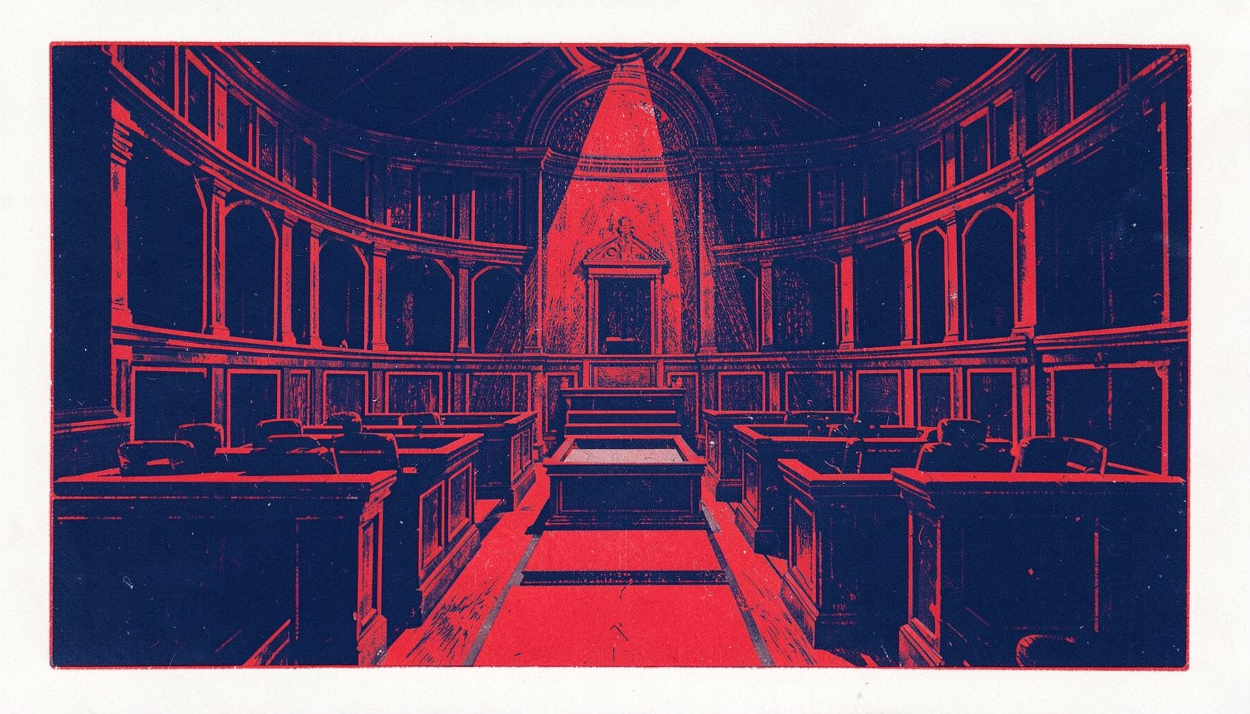 A carved linocut relief print in deep navy and muted red, depicting a stylised parliamentary chamber with empty podiums under a low, dramatic light.