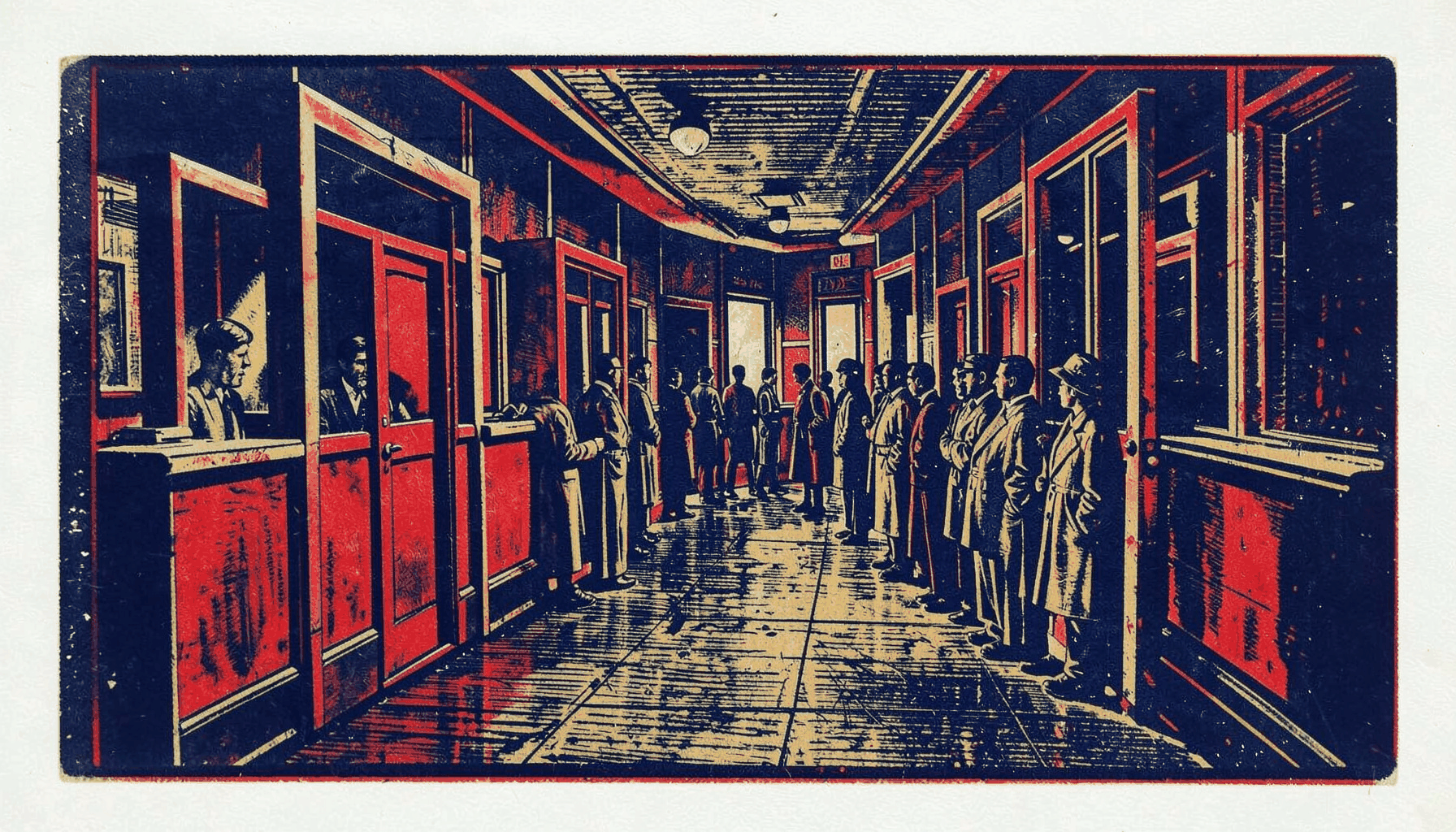 A carved linocut relief print in deep navy and muted ochre, depicting the long corridor of a government office with small ticket-window booths and a waiting line of figures, evoking a quiet, bureaucratic atmosphere.